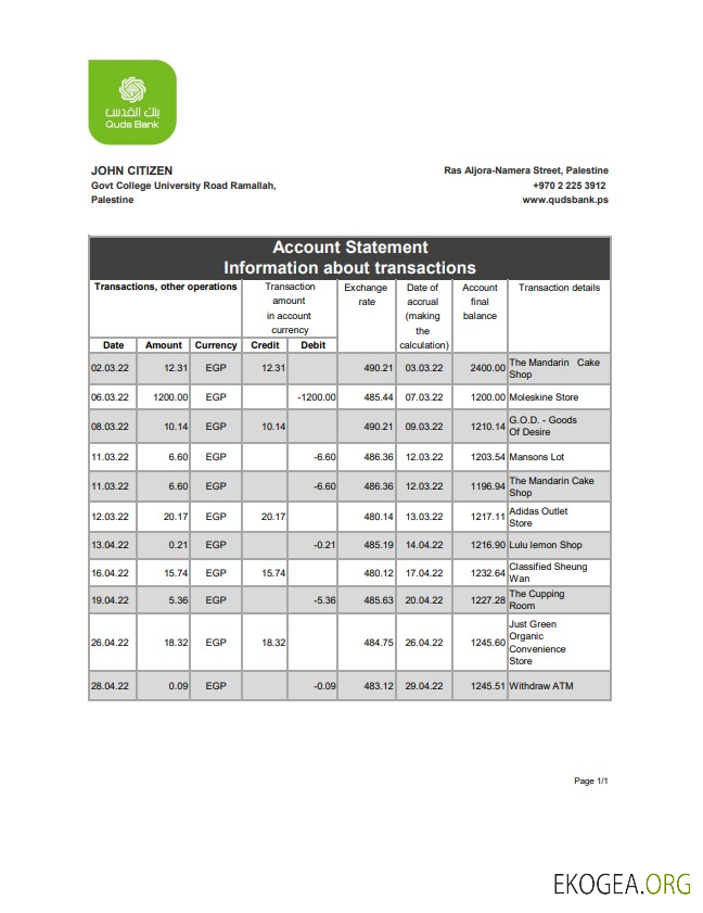 Relevé bancaire Palestine Quds xls